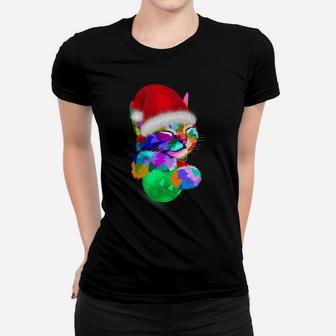 Cute Cat Colorful Funny Santa Hat Christmas Ball Costume Women T-shirt | Crazezy AU