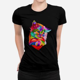 Cute Cat Gift For Kitten Lovers Colorful Art Kitty Adoption Women T-shirt | Crazezy