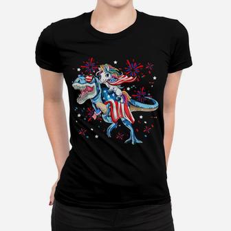 Dinosaur 4Th Of July Unicorn Riding Trex American Flag Women T-shirt - Monsterry