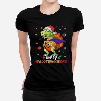 Dinosaur T-Rex Santa Happy Hallothanksmas Women T-shirt - Monsterry