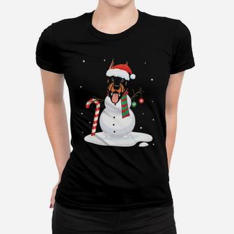 Doberman Snowman Dog With Noel Costume Dancing On Snow Merry Women T-shirt - Monsterry