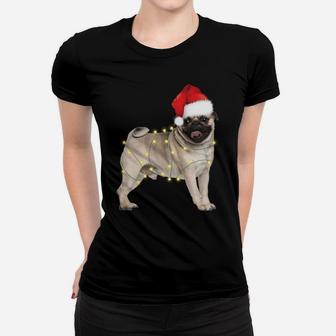Dog Pug Santa Hat Christmas Lights Dog Lovers Women T-shirt | Crazezy