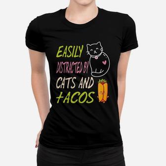 Easily Distracted By Cats And Tacos Kawaii Cat Lovers Women T-shirt | Crazezy