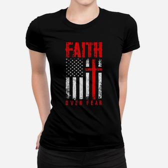 Faith Over Fears Christian Cross American Usa Flag Gym Women T-shirt | Crazezy UK