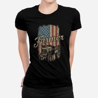 Farmer American Flag Retro Farming Tractor Usa Patrioticic Women T-shirt | Crazezy CA