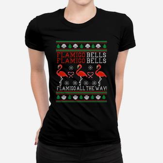 Flamingo Bells All The Way Ugly Christmas Funny Holiday Sweatshirt Women T-shirt | Crazezy