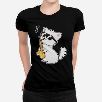 Funny Cool Cat Wearing Sunglasses Playing Saxophone Day Gift Women T-shirt | Crazezy