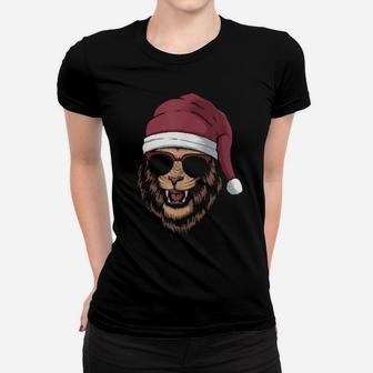 Funny Cool Lion Wearing Sunglasses And Santa Hat Women T-shirt - Monsterry