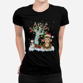 Funny Monkey Xmas Tree Lighting Santa Hat Monkey Christmas Women T-shirt | Crazezy