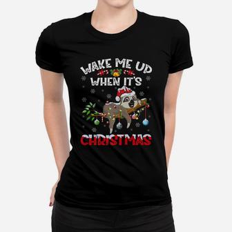 Funny Santa Hat Wake Me Up When It's Christma Sloth Women T-shirt | Crazezy
