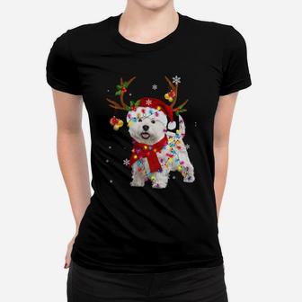 Funny Westie Christmas Tee Reindeer Christmas Lights Pajama Women T-shirt | Crazezy
