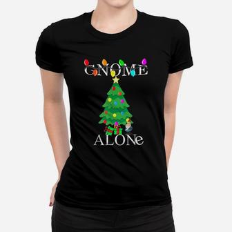 Gnome Alone Funny Christmas Parody Garden Gnome Gift Women T-shirt | Crazezy