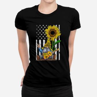 Gnome Playing Guitar Sunflower Hippie Gnomes American Flag Women T-shirt | Crazezy CA