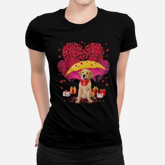 Golden Retriever Valentines Day Tree And Raining Hearts Women T-shirt - Monsterry