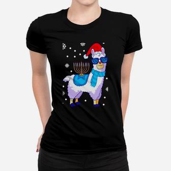 Hanukkah Llama Menorah Alpaca Santa Hat Christmas Chanukah Sweatshirt Women T-shirt | Crazezy UK