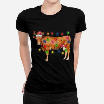 Heifer Cow Christmas Lights Funny Santa Hat Merry Christmas Raglan Baseball Tee Women T-shirt | Crazezy CA