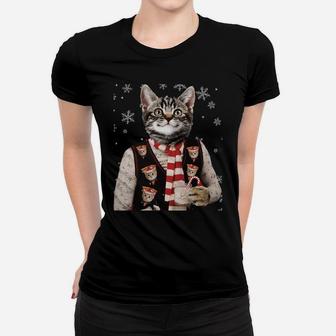 Hipster Cat Wearing Ugly Christmas Sweater Funny X-Mas Sweatshirt Women T-shirt | Crazezy