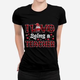 I Love Being Teacher Red Plaid Hearts Gnome Valentine's Day Women T-shirt | Crazezy