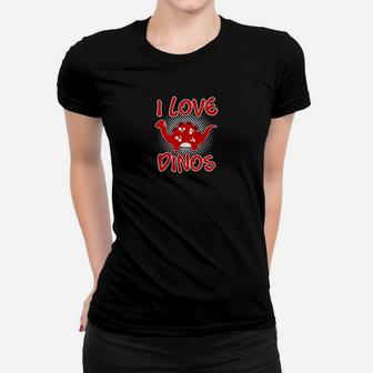 I Love Dinos Schwarzes Frauen Tshirt mit Dinosaurier & Herz-Design - Seseable