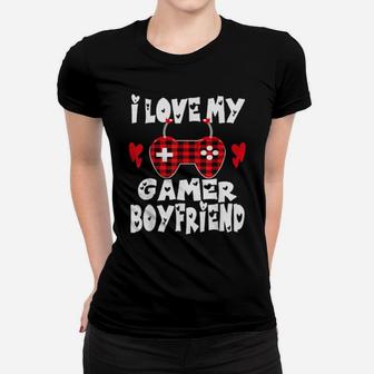 I Love My Gamer Boyfriend Controller Red Plaid Valentine Day Women T-shirt - Monsterry DE