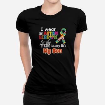 I Wear An Autism Ribbon For My Hero Son Rainbow Puzzle Women T-shirt - Monsterry