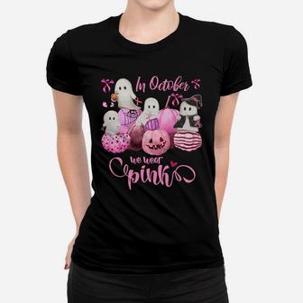 In October We Wear Pink Pumpkin, Ghost And Flower Sweatshirt Women T-shirt | Crazezy UK