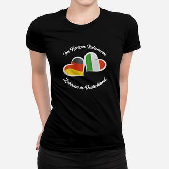 Italiener im Herzen Frauen Tshirt, Schwarz mit Italien-Farben Herzen - Seseable