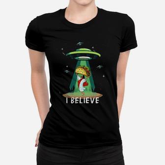 Jesus Christian God Holding Tacos In Alien Ufo Design Women T-shirt - Monsterry