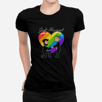 Just Married Gay Couple Just Married Rainbow Heart Print Women T-shirt - Thegiftio