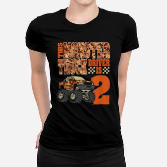Kids Monster Trucks 2Nd Birthday Party Top 2 Years Old Women T-shirt | Crazezy