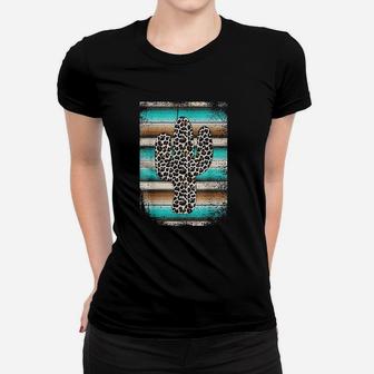 Leopard Cactus Serape Cactus Print Turquoise Brown Women T-shirt | Crazezy