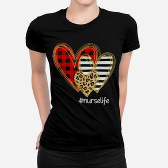 Leopard Red Plaid Striped Hearts Nurse Life Valentine's Day Women T-shirt - Monsterry