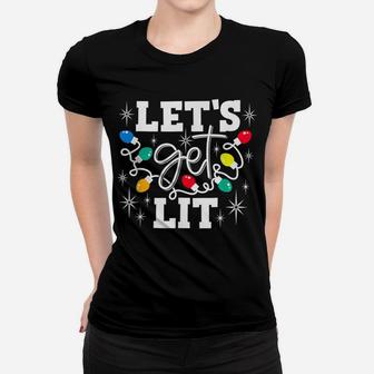 Let's Get Lit Drinking Santa Hat Christmas Lights Funny Women T-shirt | Crazezy CA