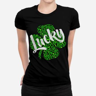 Lucky Leopard Print Shamrock St Patrick Day Four Leaf Clover Women T-shirt | Crazezy