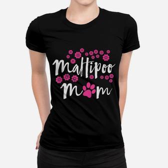Maltipoo Mom Pink Flower Design With Pink Paw Women T-shirt | Crazezy UK