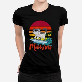 Meowmi Beach Surfing Cat Retro Sunset Ocean Coast Kitten Women T-shirt | Crazezy