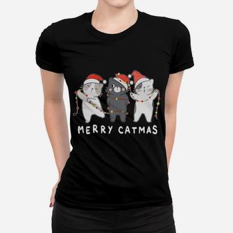 Merry Catmas Meowy Cutes Three Cat Santa Hat Christmas Sweatshirt Women T-shirt | Crazezy CA