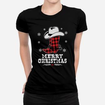 Merry Christmas Cowboy Boots Red Buffalo Plaid Western Women T-shirt | Crazezy