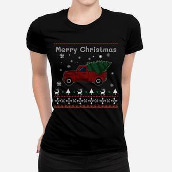 Merry Christmas Red Pickup Truck With Xmas Tree Funny Ugly Sweatshirt Women T-shirt | Crazezy CA