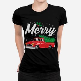 Merry Christmas Tree Red Truck Funny Family Holiday Gift Women T-shirt | Crazezy