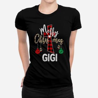 Merry Xmas Gigi God Cross Christian Buffalo Plaid & Leopard Sweatshirt Women T-shirt | Crazezy