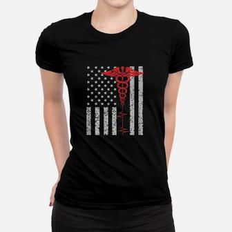 Nurse For Women Thin Red Line Caduceus American Flag Women T-shirt | Crazezy UK