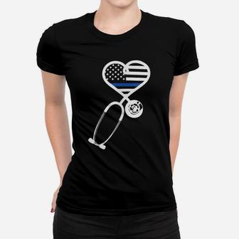 Nurse Police Wife Officer Thin Blue Line Heart Flag Women T-shirt | Crazezy
