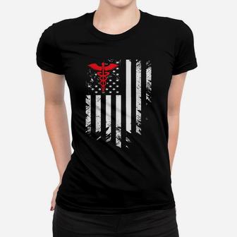 Nurse Thin Red Line Caduceus American Flag Women T-shirt | Crazezy