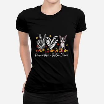 Peace Loves Boston Terrier Autumn Leaves Thanksgiving Gifts Women T-shirt | Crazezy