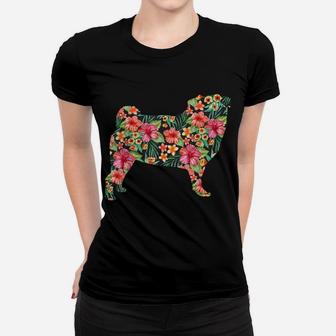 Pug Flower Funny Dog Silhouette Floral Gifts Women Men Women T-shirt | Crazezy