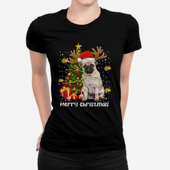 Pug Santa Christmas Tree Lights Xmas Reindeer Funny Pug Dog Women T-shirt | Crazezy CA