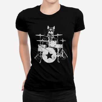 Punk Rockstar Kitten Kitty Cat Drummer Playing Drums Graphic Women T-shirt | Crazezy DE