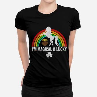 Rainbow I'm Magical And Lucky Irish Unicorn Shamrock Women T-shirt - Monsterry