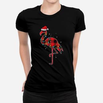 Red Plaid Flamingo Christmas Lights Funny Santa Hat Raglan Baseball Tee Women T-shirt | Crazezy